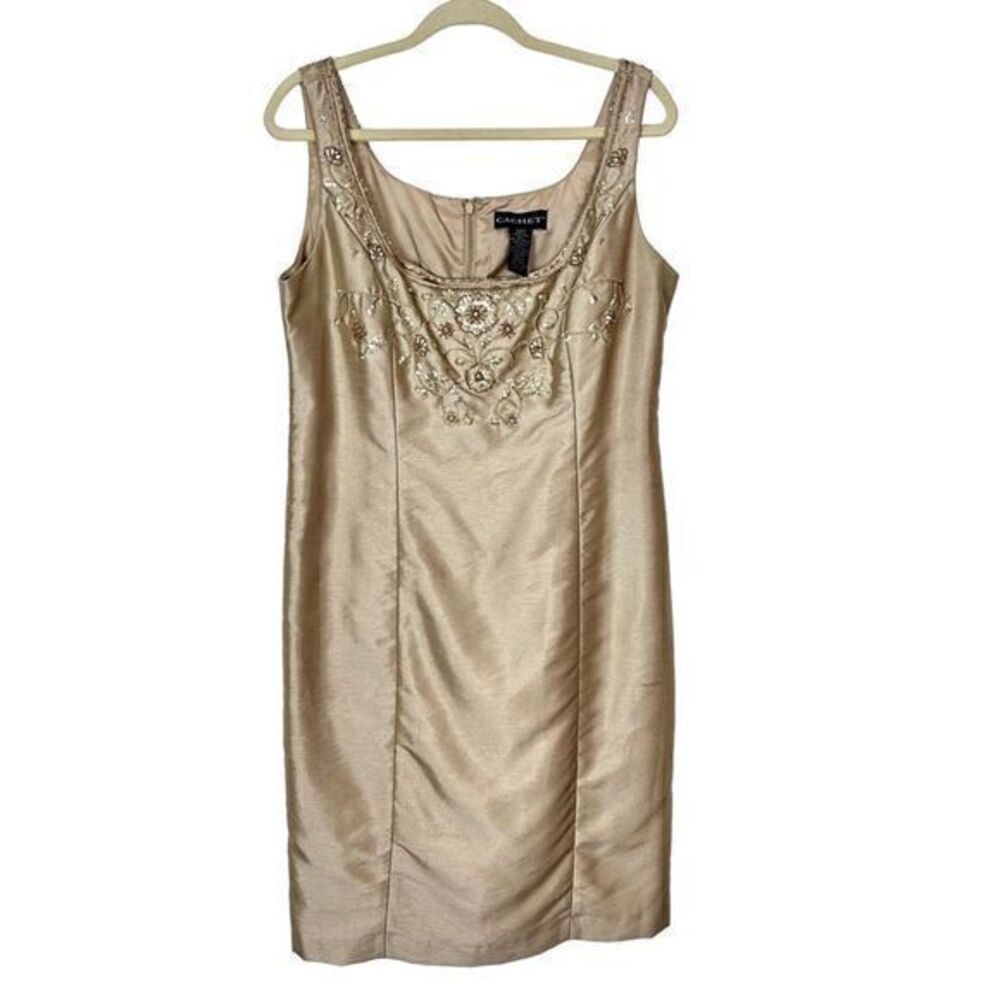 Cachet Mini Dress Women's Size 12 Beige Beaded Embroidered Shantung
